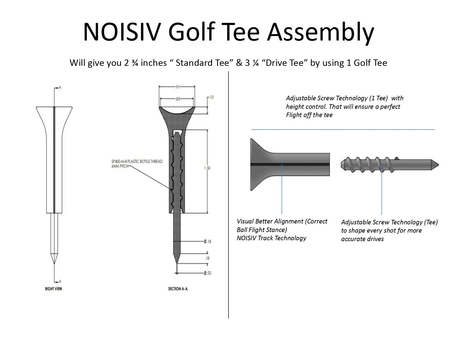 Noisiv golf tee assembly drawing: a right-side view, an A-A cross-section noting an SP400-M-8 plastic bottle thread at 6 mm pitch, and callouts for the adjustable screw and alignment track.